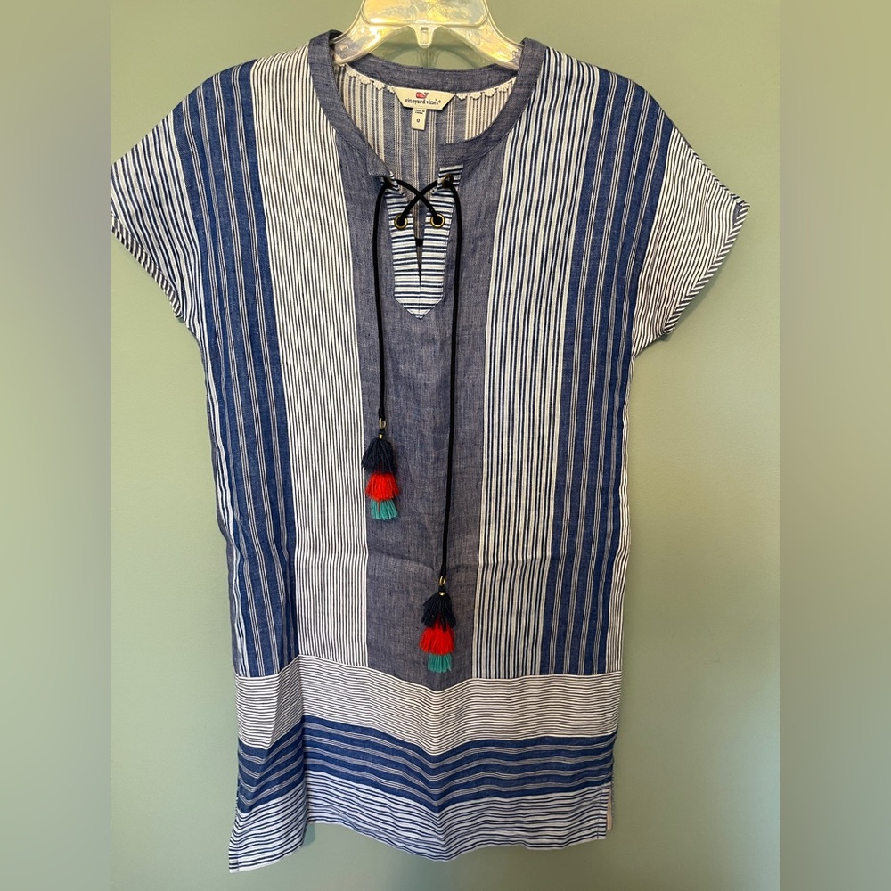 Vineyard Vines linen striped tassel shirt dress in dazzling blue